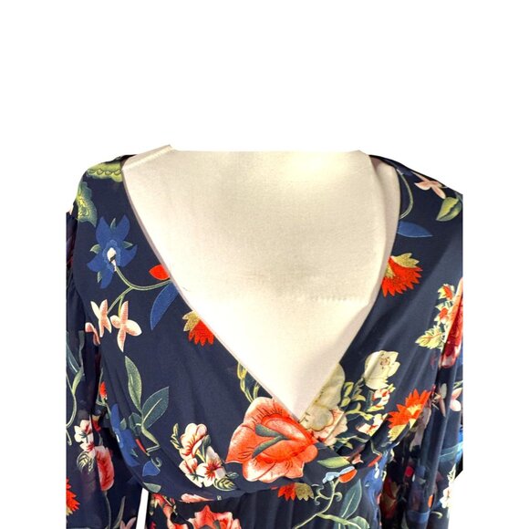 Betsey Johnson Floral Navy Wrap Dress W/ Ruffle Sleeves & Tie Back - Picture 2 of 10
